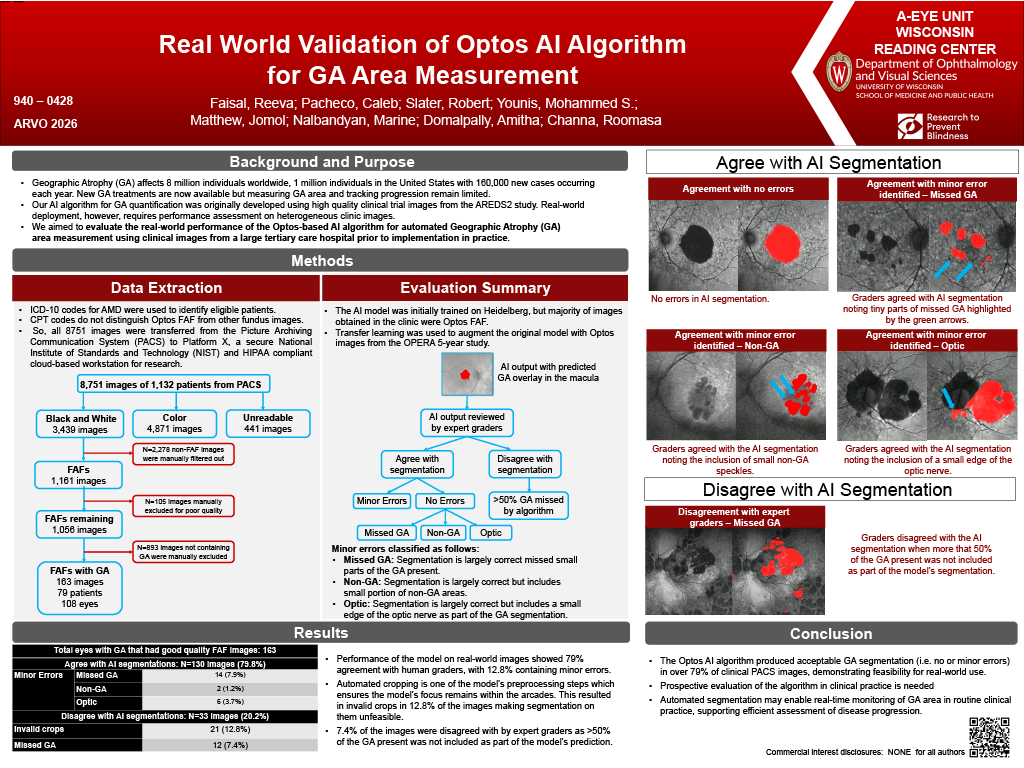 “Real World Validation of Optos AI Algorithm for GA Area Measurement” presented at ARVO 2026 by Faisal, et al.